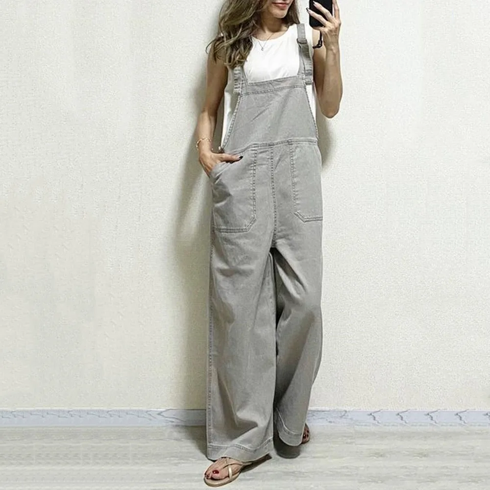 Women Rompers And Jumpsuites 2021 Fashion Plain With Pockets Casual Loose Straight Wide Leg Cute Korean Style Ladies Clothes New |
