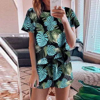 

Casual fashion summer Women pajamas пижама женская Printed Short Sleeve Pajama Set Nightwear Top Short Loungewear Sleepwear h4