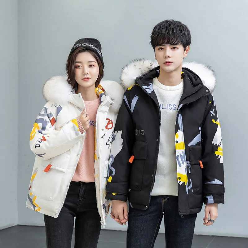 The new 2021 Little Devil Short Trend-brand down jacket Winter couples jacket with thick white duck down warm coat men big fur