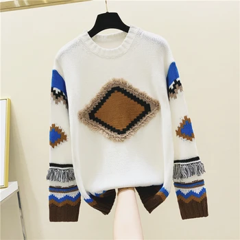 

2020 New Spring Autumn Pullover Sweater Retro Geometric Rhombus Pattern Jacquard Color Panel Fringe Sweater Outwear Coat Pull