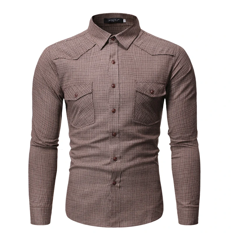 high quality Autumn winter double pocket coffee plaid long sleeve shirt male Korean shirt men's port wind casual jacket