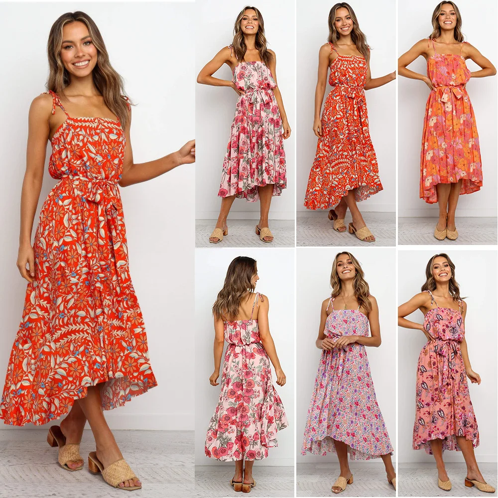 

New Sexy Lace-Up Strap Print Dress 2020 Europe And The United States Summer Fashion Ladies Waist Straps Adjustable Long Dresses