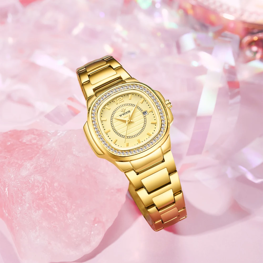 WWOOR Fashion Women Watches Gold Luxury Ladies Dress Bracelet Watches Stainless Steel Waterproof Date Female Quartz Wristwatch