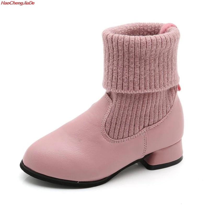 

Girls Autumn Winter Mid-calf knit Boots Leather Fashion Princess Ruffles Boots Non-slip Round Toe Flat Students Botas Shoes
