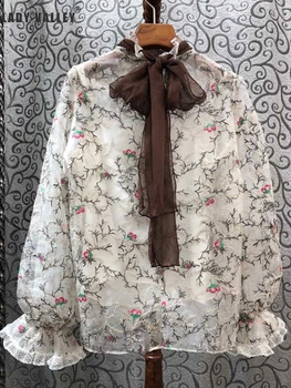 

Contrast straps bow tie heavy craft embroidery mesh see-through shirt ladies spring matching base sling wild tops