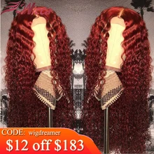 Wicca 99J 13x6 Синтетические волосы на кружеве парик человеческих волос бордовый Цветной Человеческие Волосы Кудрявые Парики Часть бразильские кружева Remy парик для женщин