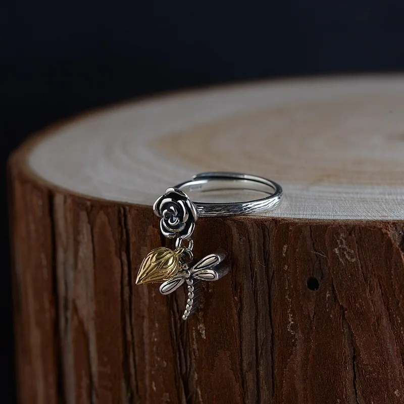 

Goldeer wang S925 Silver-Copper Combined Craft Ring Adjustable Women's Tassels Dragonfly Rose Lotus Rings