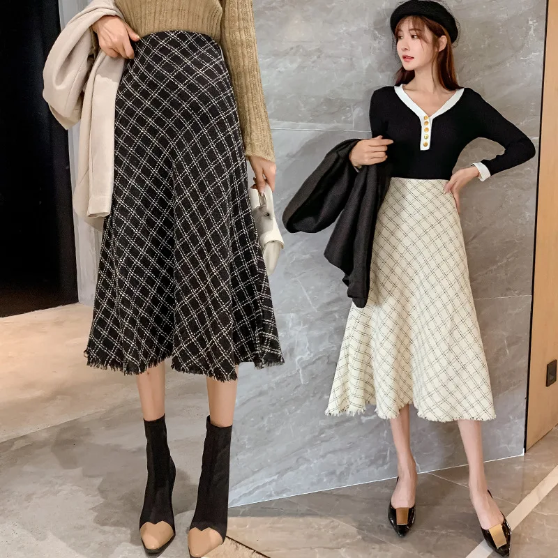 

Plaid Retro High Waist Skirt 2019 Autumn New Style Korean-style A- line Skirt Versatile Graceful Mid-length Skirt