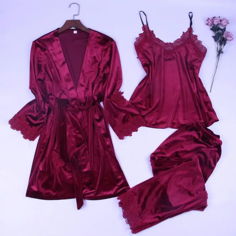 Зимнее Новое кимоно платье для женщин с длинным рукавом 3 шт. пижамы бархат халат невесты Свадебный халат мягкая домашняя одежда - Цвет: Красный
