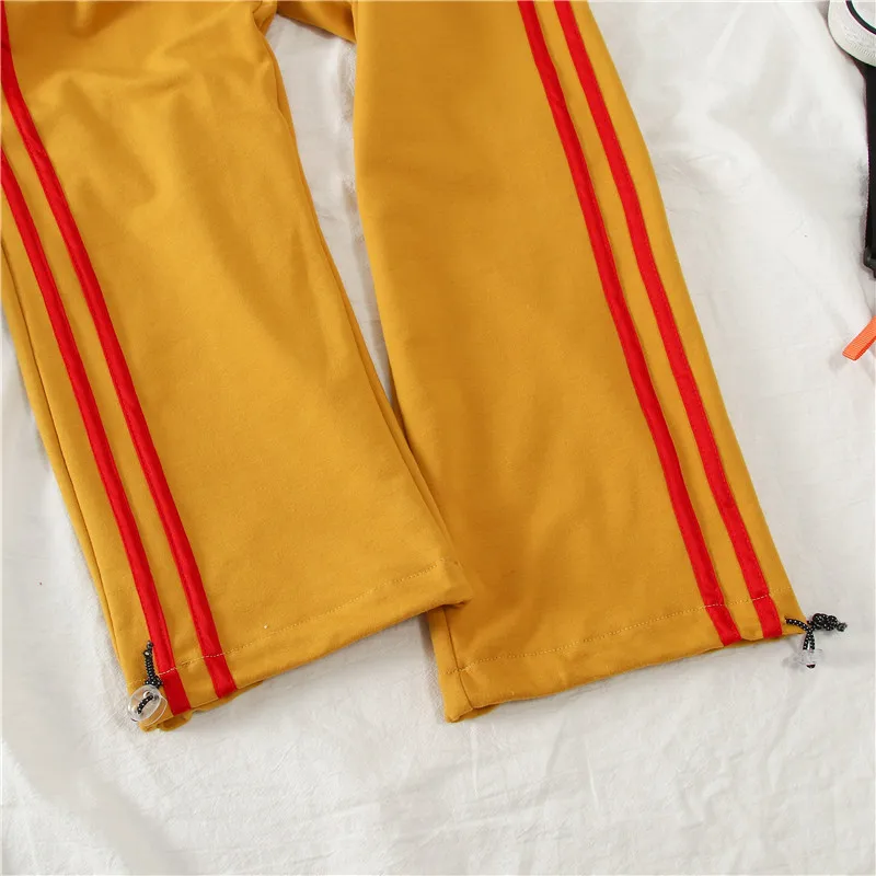 Mooirue Harajuku полосатый повседневный комплект брюк женское Свободное пальто Высокая талия шнурок широкие брюки подходящие наборы плюс размер наряды