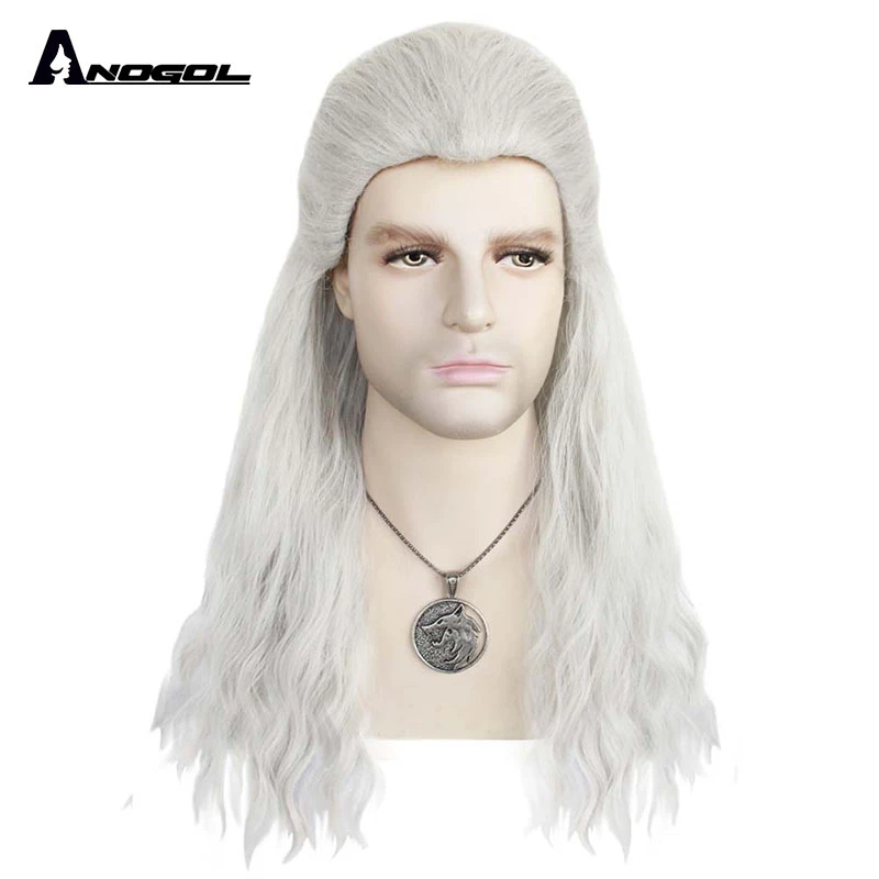 Anogol Hair Cap+Silver White Wig Cosplay for Men Long Silver White Wavy Wigs with Necklace