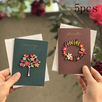 

5pcs 3D Kraft Paper Invitation Greeting Card Handmade DIY Wood Carving Flower Patch Valentines Day Wedding Party Invitation Card