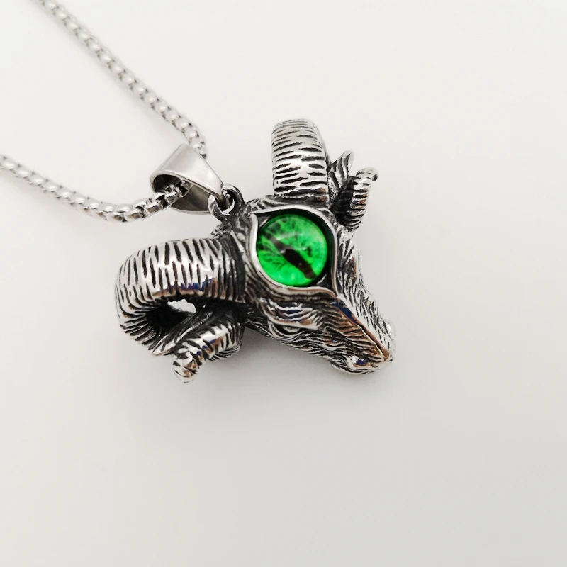 

2019 new Vintage stainless steel Green devil eye Goat pendant & Necklace mens stylish animal Goat rock punk necklace jewelry men