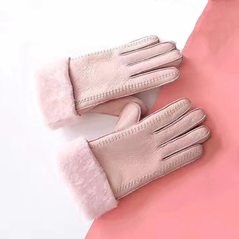 Зимние теплые кожаные женские перчатки из овечьего меха, женские утолщенные ветрозащитные студенческие перчатки для верховой езды - Цвет: pink