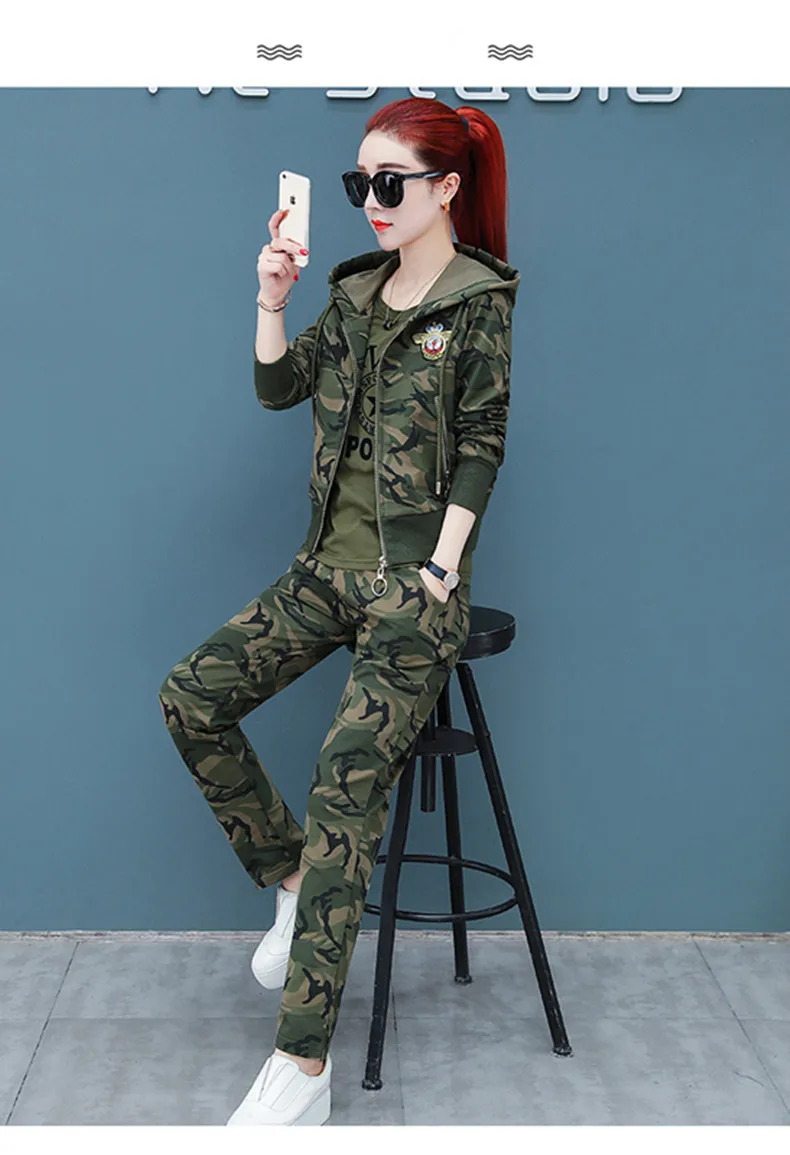 Camouflage Three Piece Set Tracksuit Women Zipper Tops+ T-shirt+ Pants Suit 3pcs Hoodies Sets Female Military Sporting Suits