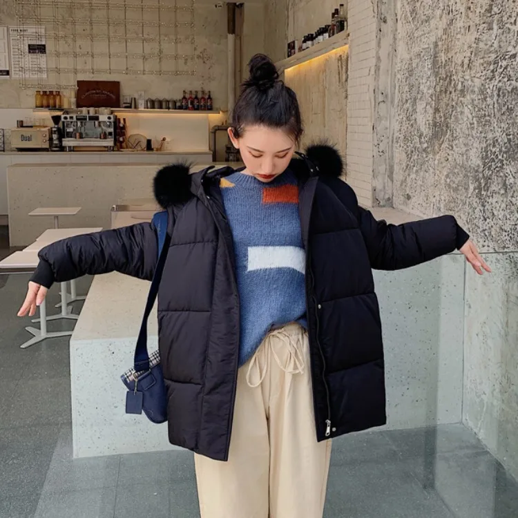 

2019 Winter South Korea Sweet Small Fresh New Fur Collar Loose-Fit Padded down Cotton Mid-length Cotton Overcoat Women's Fashion