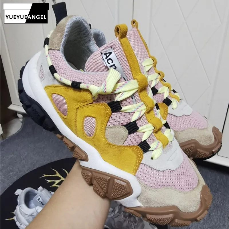 

Mixed Colors Breathable Mesh Unisex Casual Sport Shoes High Street Corss Tied Round Toe Vintage Fashion Womens Cow Suede Shoes