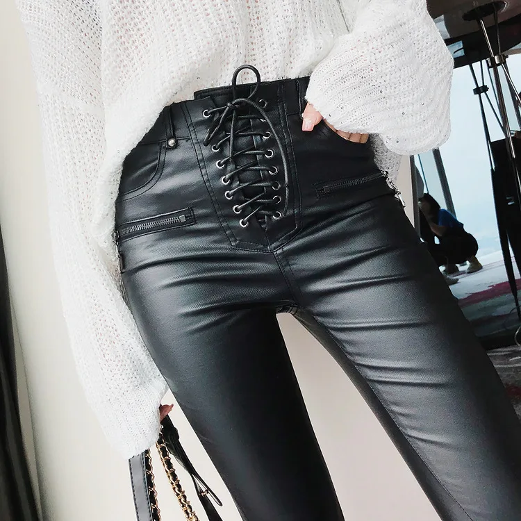 0521 весенне-осенние облегающие черные брюки из искусственной кожи с высокой талией, женские облегающие брюки-карандаш на шнуровке, женские кожаные брюки на молнии