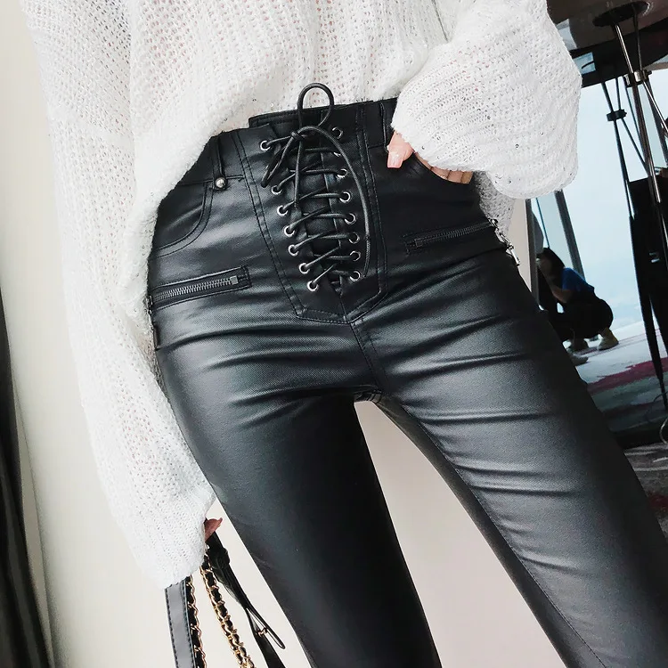 

#0521 Spring Autumn Bandage High Waist Black PU Leather Trousers Women Lace-up Skinny Pencil Faux Lether Pants Women Zipper