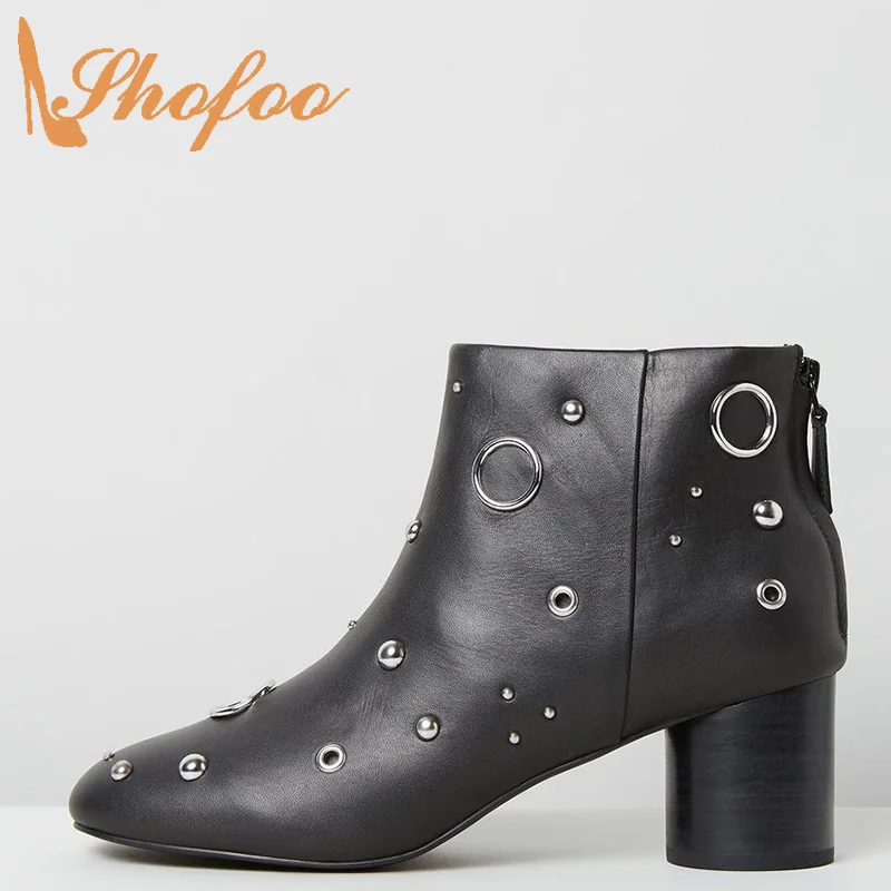 

Shofoo Black Boots Woman Silver Metal Studs Round Toe Zipper High Cylindrical Block Heels Booties Ladies Large Size 13 15 Shoes