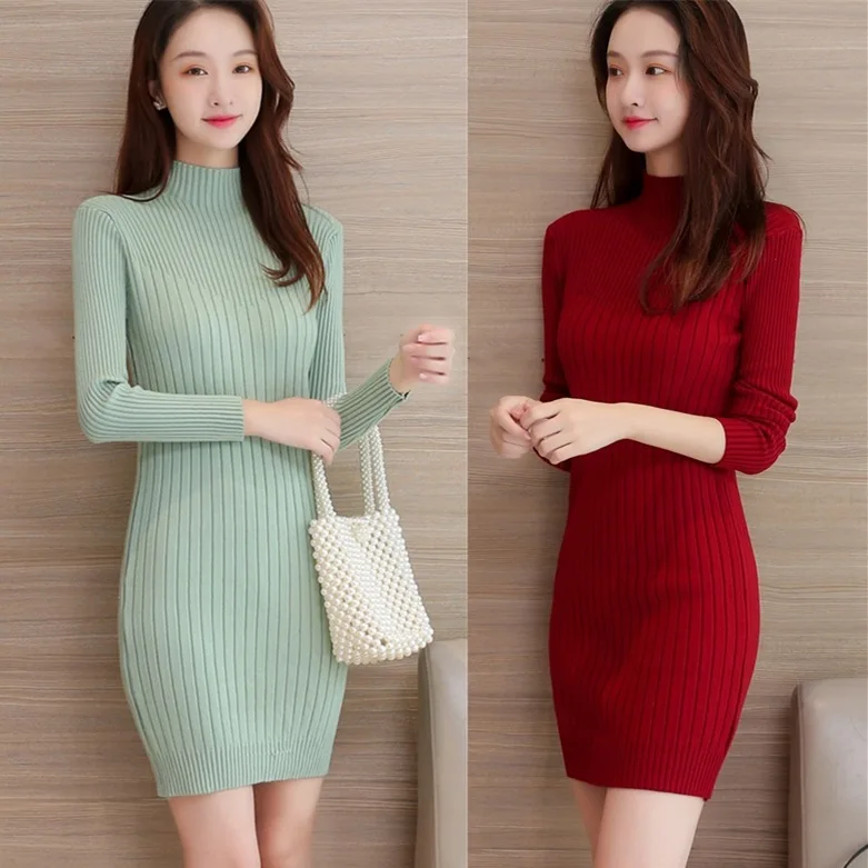 

2019 Autumn And Winter New Style Korean-style Thick Slim Fit Mid-length Knit Sweater Dress