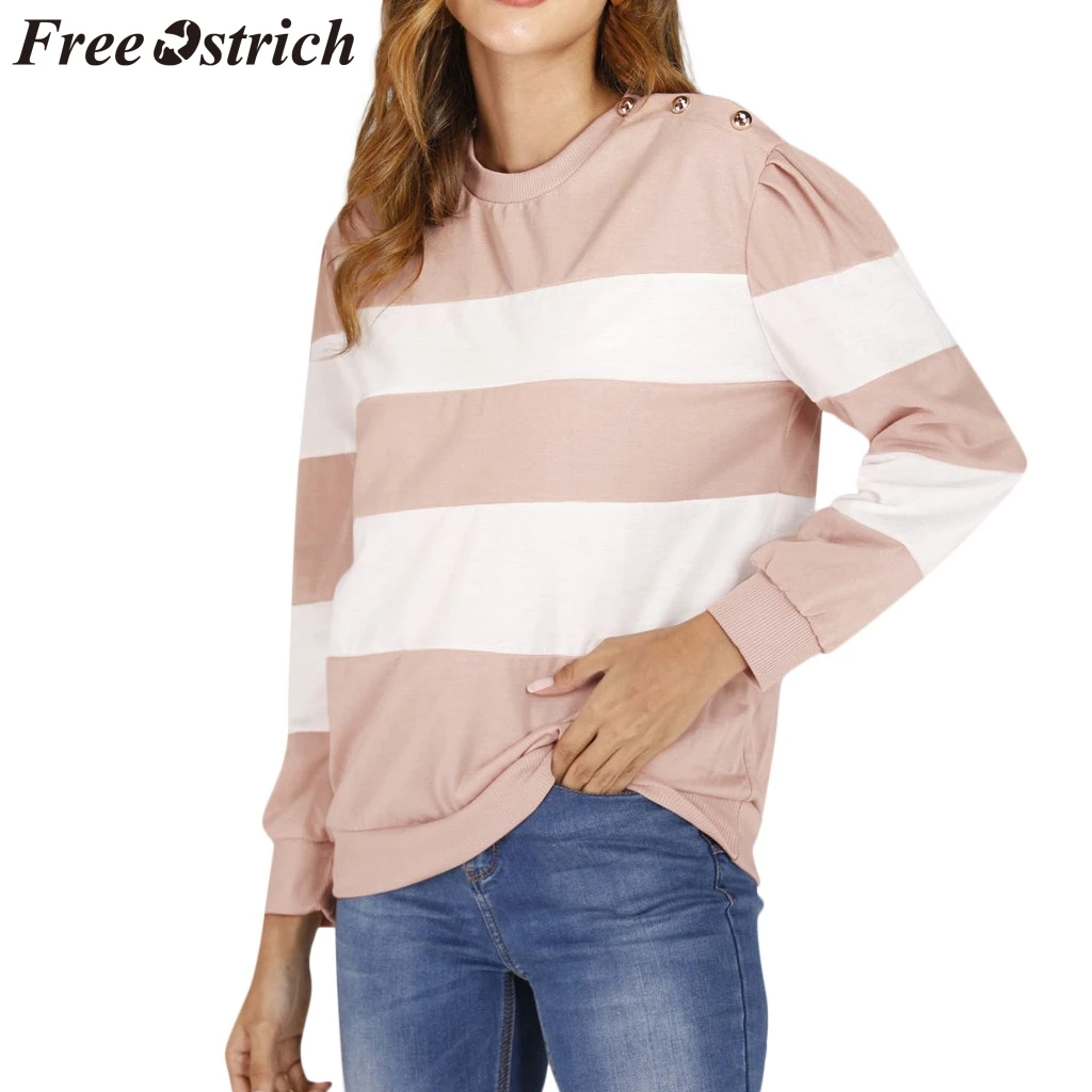 

FREE OSTRICH Womens Tops And Blouses Patchwork Long Sleeves O-Neck Pink Cute Loose Elegant Autumn And Winter Blouses Woman 2019