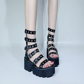 

women sandals heel Platform Punk shoes Rock Gothic Sandals Women Peep Toe Buckle Chunky Block High Heels punk sandals LJB31