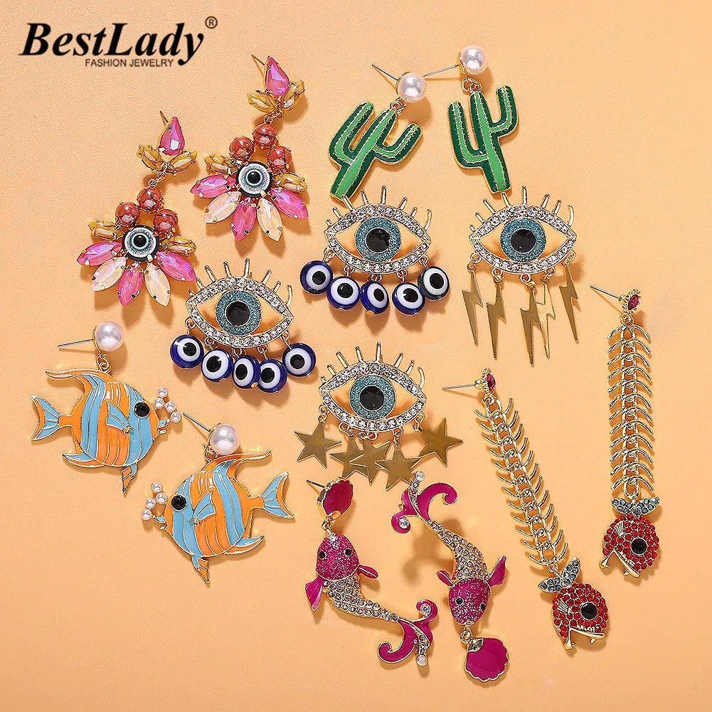 

Best lady Multi-Colored Stone Eyes Drop Earrings For Women Wedding Bohemian New Crystal Fish Statement Earrings Girls Cute Gifts