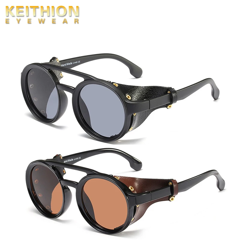 

2 PACK KEITHION Men Steampunk Goggles Sunglasses Women Retro Shades Fashion Leather With Side Shields Style Round Sun glasses