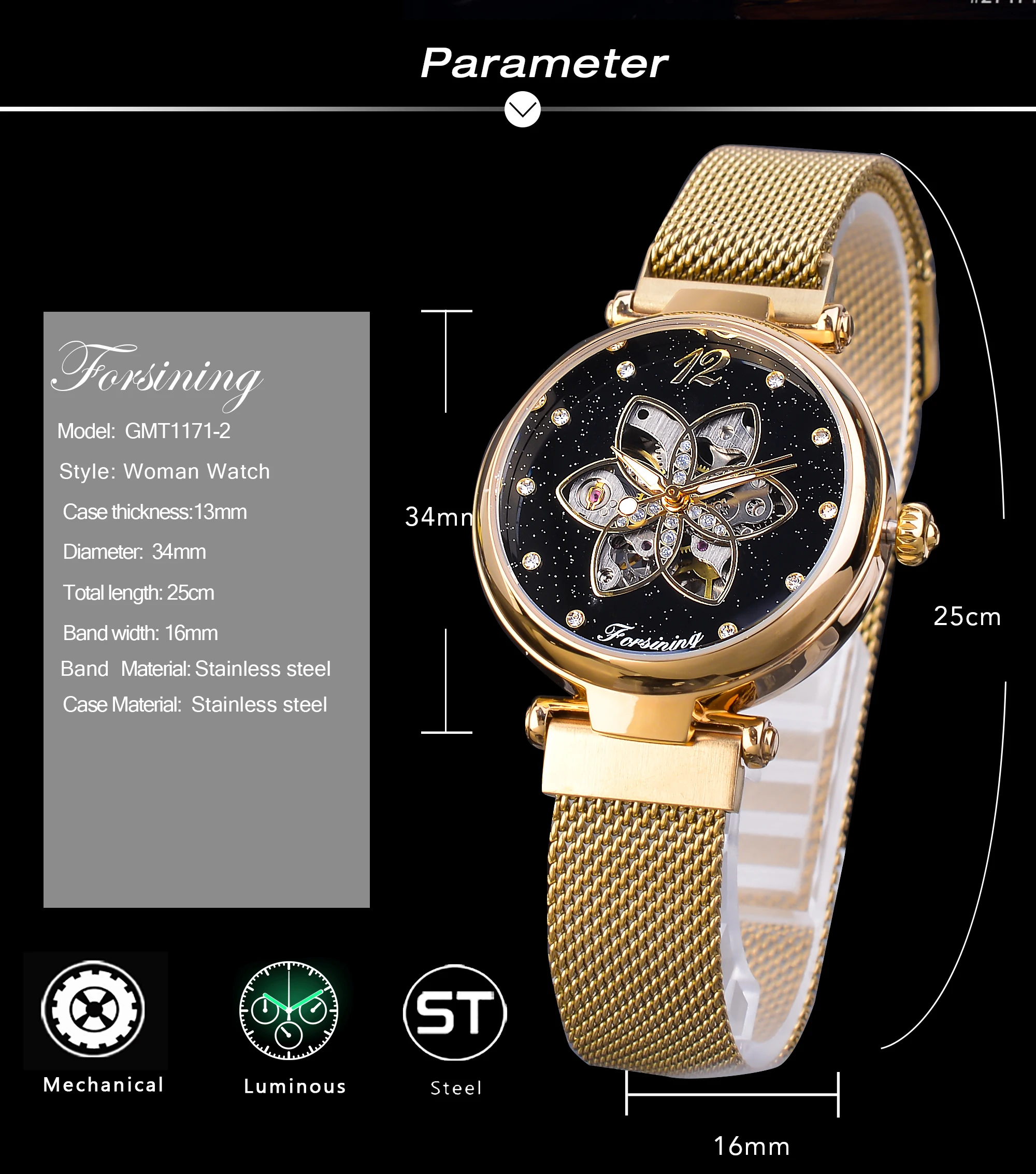 Forsining Mechanical Automatic Womens Watches Top Brand Luxury Diamond Creative Dial Gold Mesh Waterproof Fashion Ladies Watches
