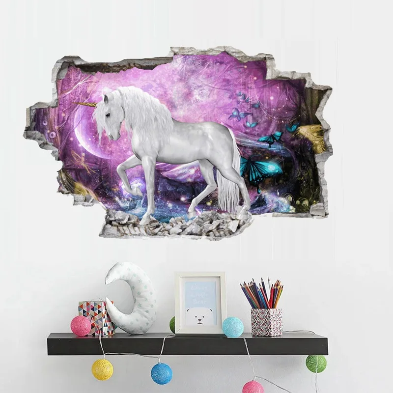 

Creative Unicorn Wall Stickers for Kids Girls Bedroom 3d Break The Wall Effect Picture Cartoon Stickers for Wall Decals