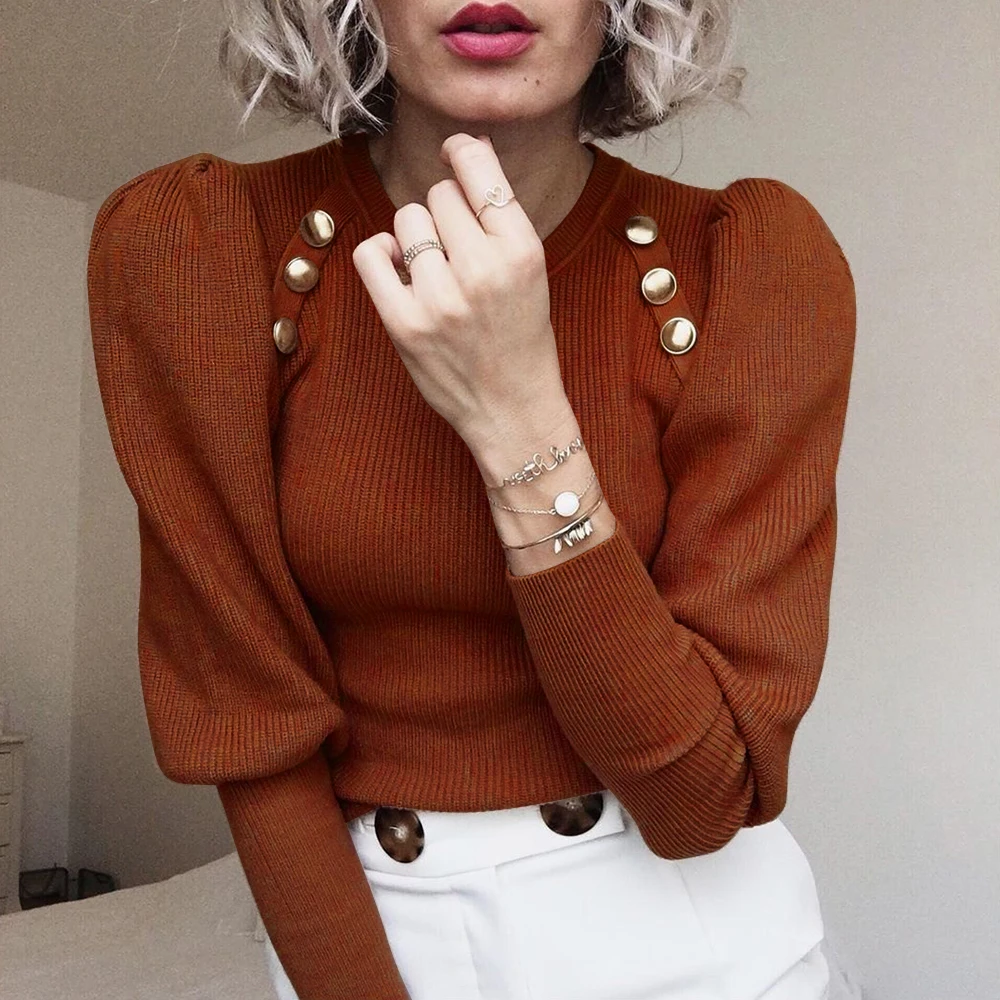 Chic Knitted Sweaters Women Pullover Vintage Metal Button Design O Neck Top Ladies Lantern Sleeve Sweater Elegant Streetwear D30 | Женская
