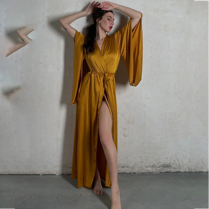 Gold Silk Bridal Robe with Belt Long Sleeve Dressing Gown Wedding Bathrobes Women Boudoir Sleepwear Nightgowns