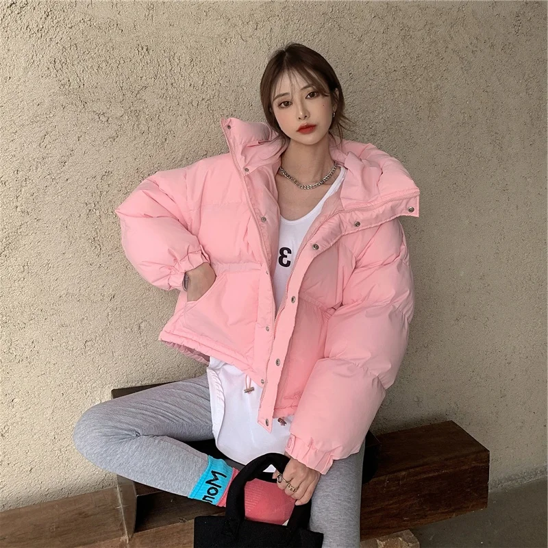 

Bread Coat Women Winter Loose Thickened Hooded Solid Color Zipper Pocket Short Cotton Padded Jacket Fashion Simple Bubble Coat