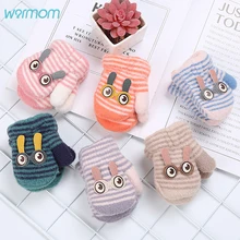 Warmom Зимние теплые плюшевые перчатки с рисунком для маленьких мальчиков и девочек от 0 до 12 месяцев толстые вязаные шерстяные варежки в полоску с большими глазами для новорожденных