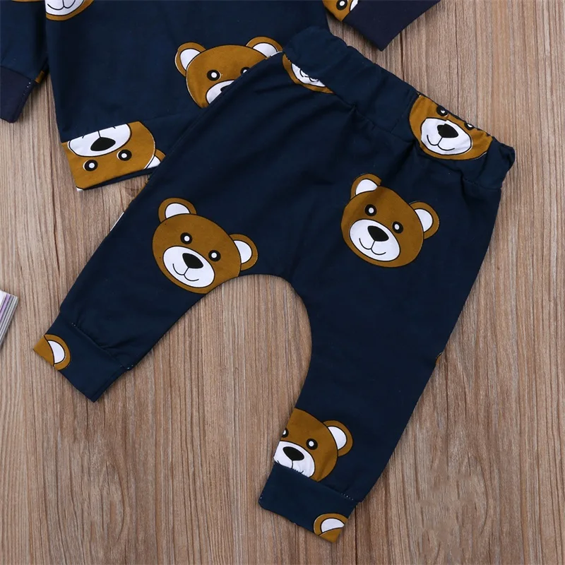 Одежда для новорожденных мальчиков и девочек от 0 до 24 месяцев комплект одежды с медведем Футболка Топ+ длинные штаны