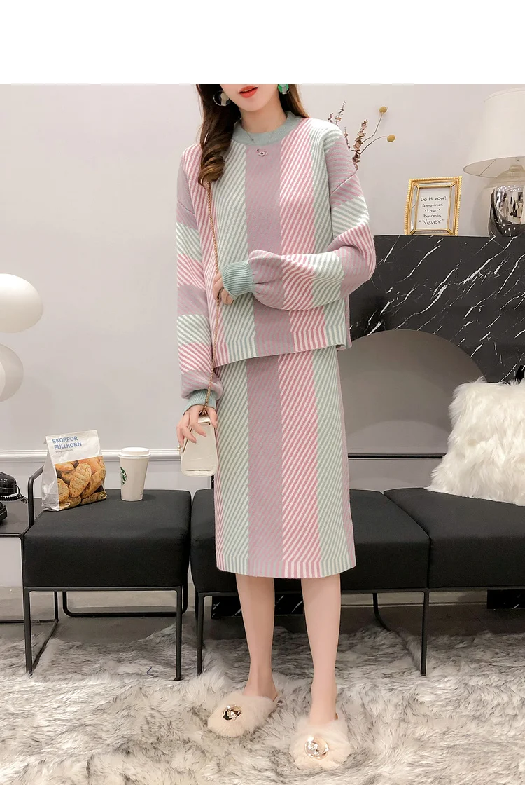 BLLOCUE Elegant Ladies Striped Sweater Jumpers+Skirt 2 Piece Set Women Fashion Loose Long Sleeve Knitted Pullovers Skirt Suits