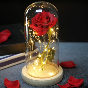 

Romantic Artificial Eternal Rose Flower Glass Cover Beauty LED Battery Lamp Birthday Valentine's Day Mother Gift Home Decor