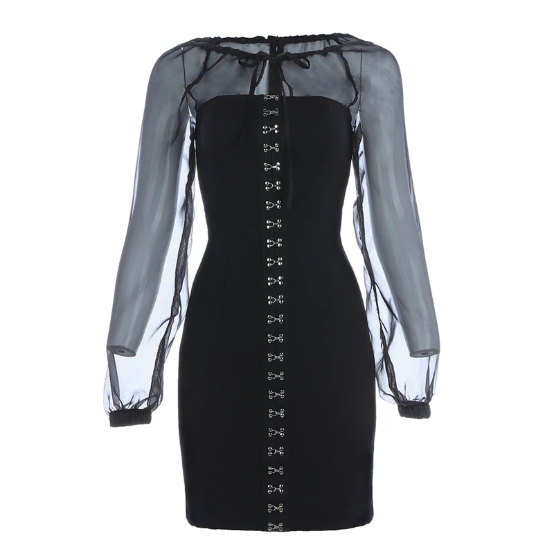 INDRESSME Новинка года Vestidos для женщин Sexy Глубокий V средства ухода за кожей Шеи Длинный кружевной рукав спинки выдалбливают кружево платье Вечерние клубн - Цвет: black dress