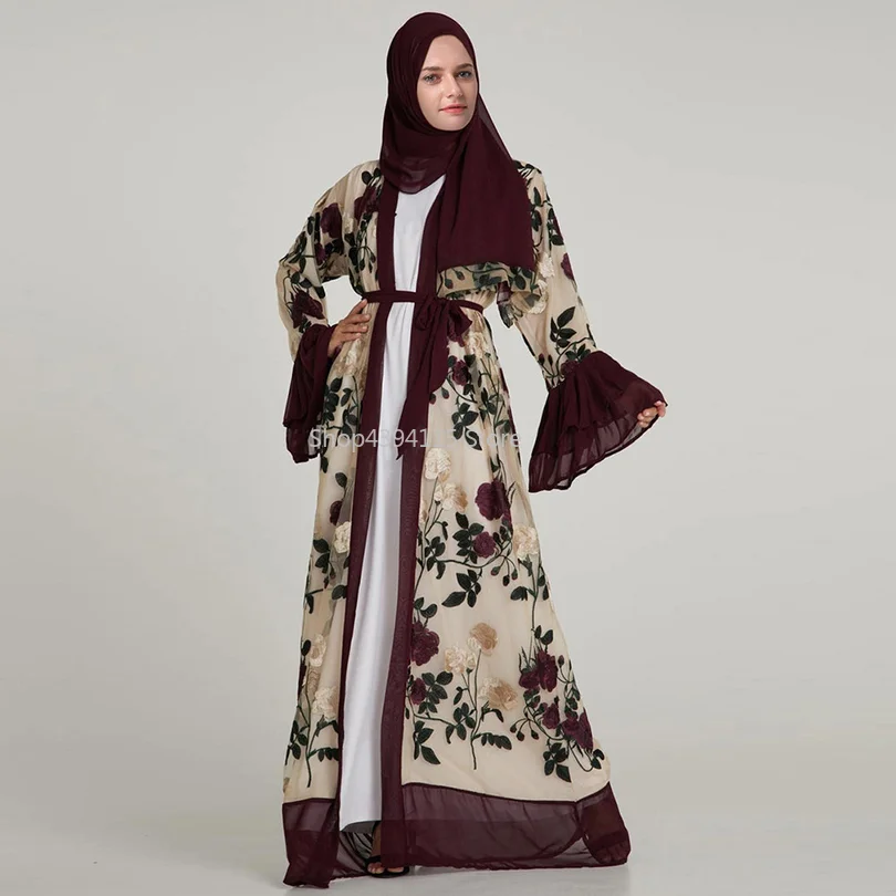 Роскошные мусульманские вышитые цветочные abaya Полные платья с рукавом клеш