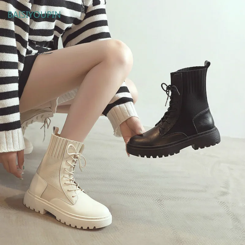 

New Fashion Martin Boots Women Shoes Solid Casual Round Toe Genuine Leather 4cm High Classics Female Pumps Shoes Ankle Booties