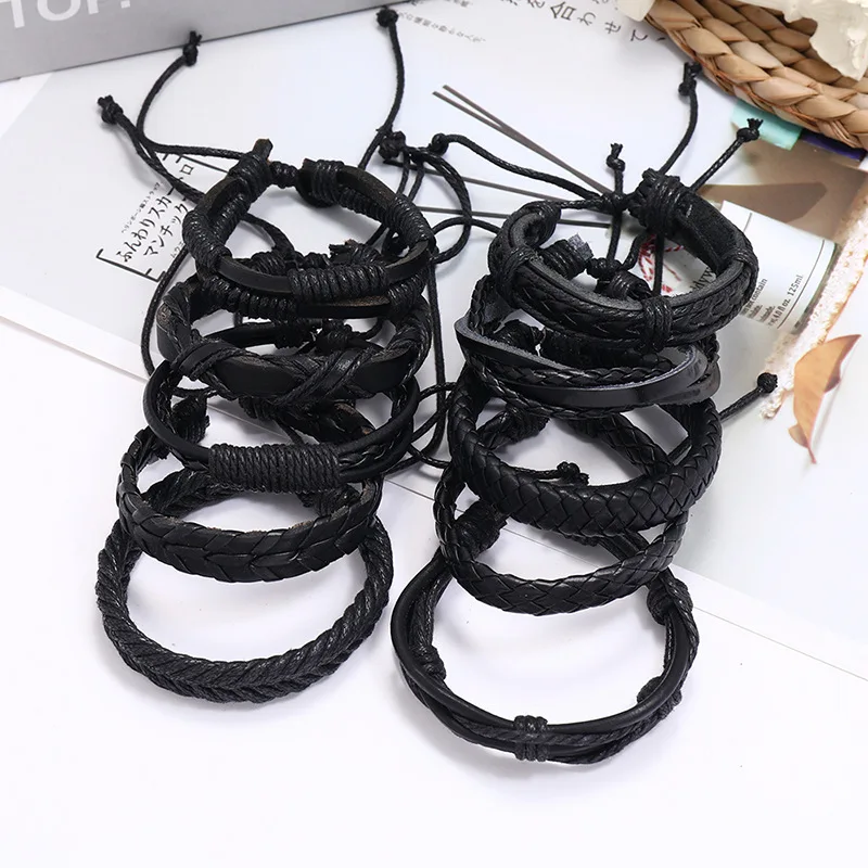 Set of 10 Unisex Handmade Braided Black Leather Bracelets - Minimalist Style
