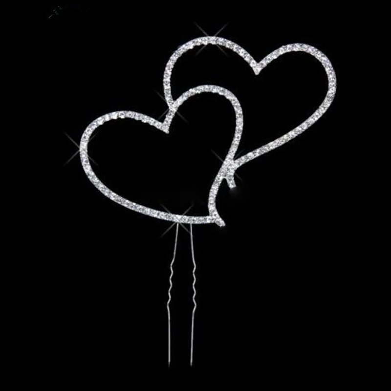 Cake Topper Romantic Crystal Rhinestone Silver Double Heart Cake Topper Wedding Decoration New Year Decor cake topper,cake decorations,cake toppers