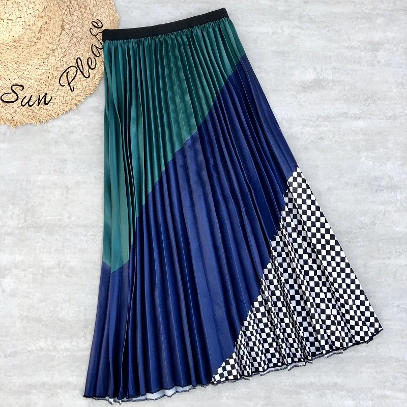 twill blue Srping/летние женские юбки с мультяшным принтом, плиссированная юбка миди с цветочным рисунком, высокая эластичность, Jupe Femme, зеленые юбки размера плюс - Цвет: twill blue