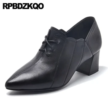 

black block medium heels runway pumps thick pointed toe lace up size 4 34 2019 china designer women luxury shoes genuine leather