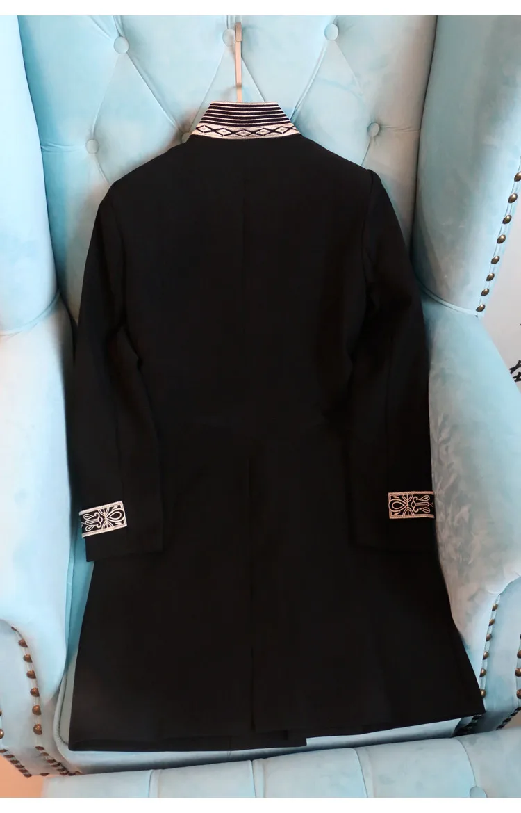 Подиумная винтажная женская черная куртка с вышивкой в морском стиле, роскошная осенне-зимняя ветровка с воротником-стойкой, длинное пальто