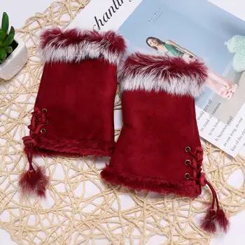 

novelty New Warm Winter necessity Women's Rabbit Fur leather Wrist Fingerless Gloves Gift clothing accessories