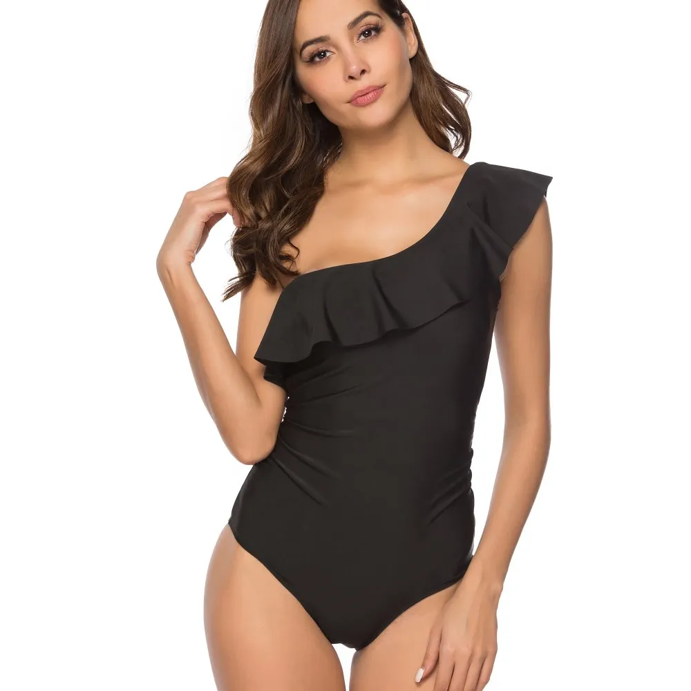 Новинка 2019 Цельный купальник на одно плечо с оборками сплошной цвет бикини |