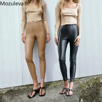

Mozuleva 2020 Autumn Faux Leather Leggings Two-Color Pu Texture Women's Feet Solid Color Slim Casual Feet Leather Pants