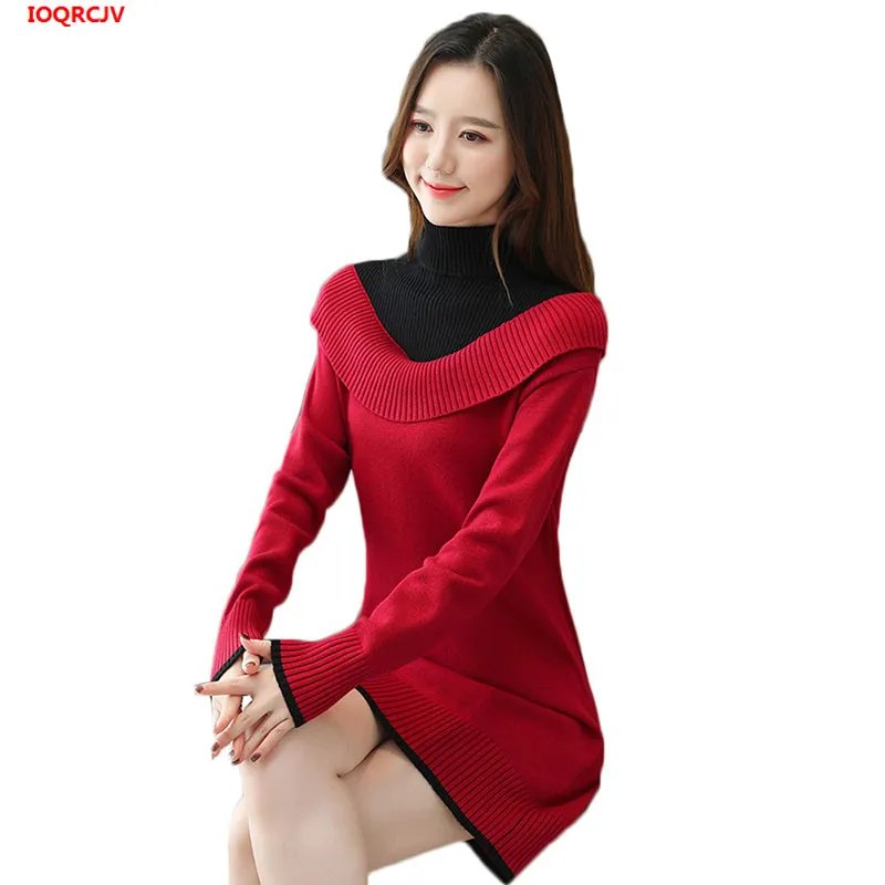 Женский свитер платье модный тонкий пуловер с высоким воротом Осень-зима плюс